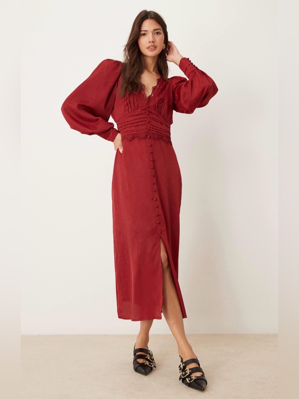 Miss Selfridge Burgundy Button-Front Midi Dress with Puff Sleeves